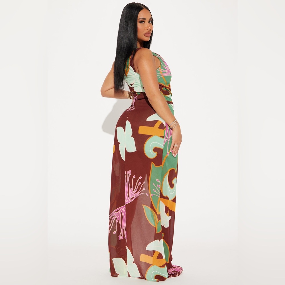 New Fashion Nova Living Tropical Pink Brown Cold Shoulder Maxi Dress Large